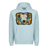 Blue Mist white scottish calf with sunflowers western  background Premium Hoodie - BarkalooDesign