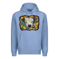 Colony Blue white scottish calf with sunflowers western  background Premium Hoodie - BarkalooDesign
