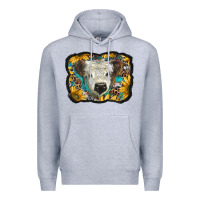 Heather Grey white scottish calf with sunflowers western  background Premium Hoodie - BarkalooDesign