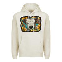 Oatmeal Heather white scottish calf with sunflowers western  background Premium Hoodie - BarkalooDesign