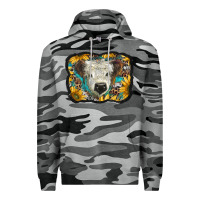 Slate Camo white scottish calf with sunflowers western  background Premium Hoodie - BarkalooDesign