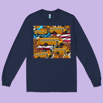 School Bus American Flag Sunflower Cowhide Leopard Long Sleeve Tee Designed By Artiststas