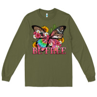 Army Green be free with butterfly and cactus flowers Long Sleeve Tee - Artiststas