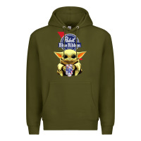 Army Green Baby Yoda Hugs Pabst Blue Ribbon Beer Premium Hoodie - artisFamous