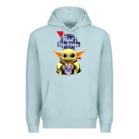 Blue Mist Baby Yoda Hugs Pabst Blue Ribbon Beer Premium Hoodie - artisFamous