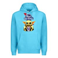 Ocean Blue Baby Yoda Hugs Pabst Blue Ribbon Beer Premium Hoodie - artisFamous