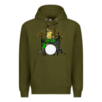 Army Green drummer cat music lover musician playing the drums Premium Hoodie - artisFamous