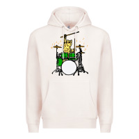 Pale Pink drummer cat music lover musician playing the drums Premium Hoodie - artisFamous