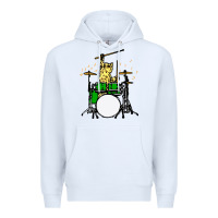 White drummer cat music lover musician playing the drums Premium Hoodie - artisFamous