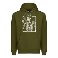 Army Green distressed skeleton vintage smiling skull drinking coffee Premium Hoodie - artisFamous