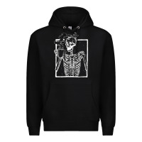 Black distressed skeleton vintage smiling skull drinking coffee Premium Hoodie - artisFamous