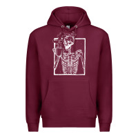 Burgundy distressed skeleton vintage smiling skull drinking coffee Premium Hoodie - artisFamous