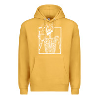 Mustard distressed skeleton vintage smiling skull drinking coffee Premium Hoodie - artisFamous