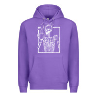 Purple distressed skeleton vintage smiling skull drinking coffee Premium Hoodie - artisFamous