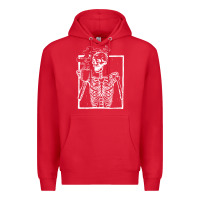 Red distressed skeleton vintage smiling skull drinking coffee Premium Hoodie - artisFamous