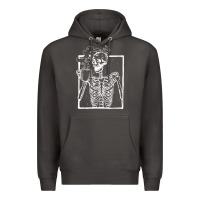 Smoke distressed skeleton vintage smiling skull drinking coffee Premium Hoodie - artisFamous