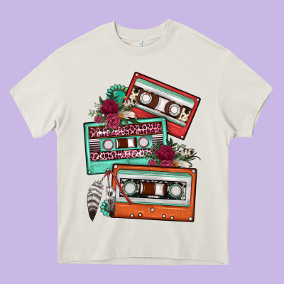Cassette Floral Gemstone Heavy Core Tee Designed By Fadigitalartstudio