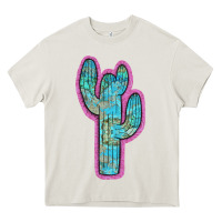 Cream Western Turquoise Cactus Heavy Core Tee - RanaPortraitStore