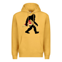 Mustard bigfoot carrying pizza Premium Hoodie - artisFamous