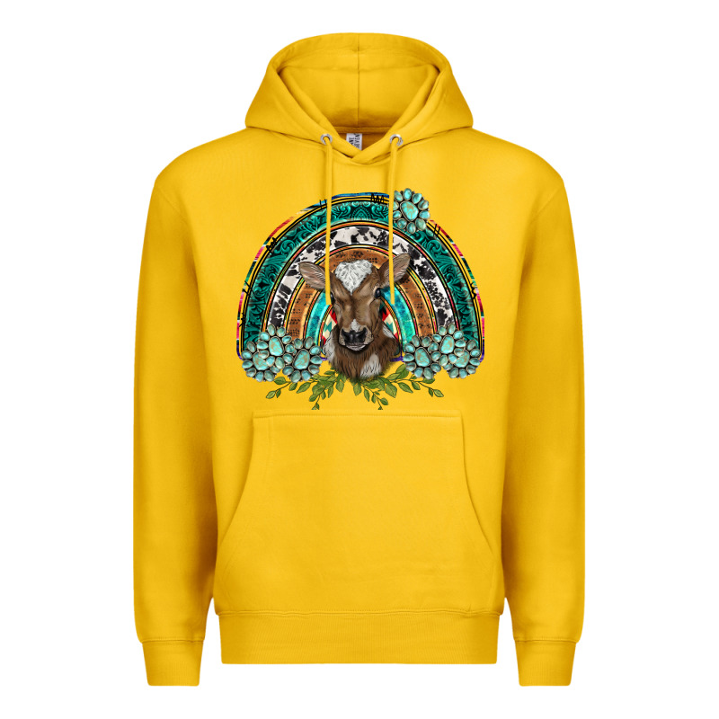 Turquoise Gemstones Brown Baby Cow  Rainbow Premium Hoodie by BarkalooDesign | Teevron