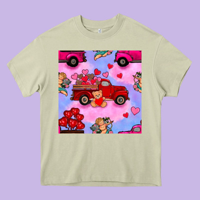 Valentines Day Truck And Cupid In The Sky Seamless Pattern Heavy Core Tee Designed By Bundleandbundleshop