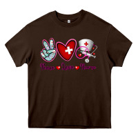 Chocolate Brown Peace Love Nurse Heavy Core Tee - RanaPortraitStore