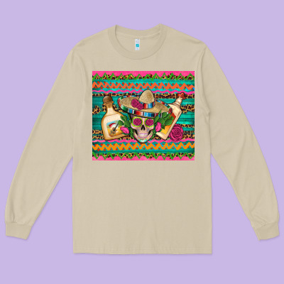 Mexican Tequila Skull Roses Cactus Sombrero Long Sleeve Tee Designed By Artiststas