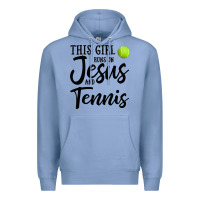 Colony Blue this girl runs on jesus and tennis Premium Hoodie - DesigneFamous