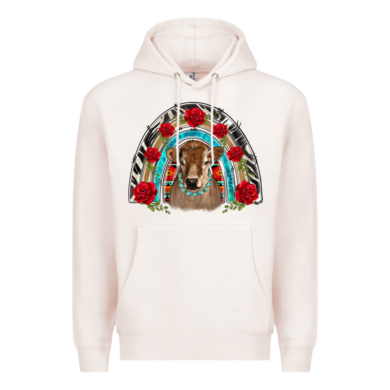 Brown Baby Cow Floral Rose Rainbow Premium Hoodie by BarkalooDesign | Teevron