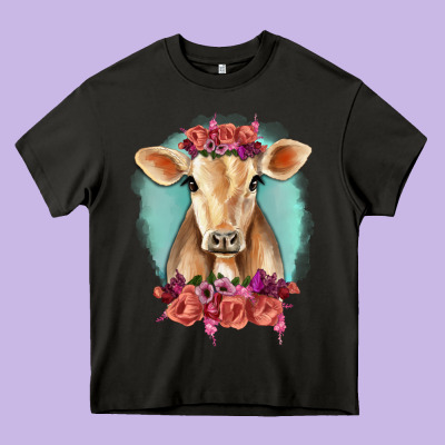Floral Cow Heavy Core Tee Designed By Ranaportraitstore