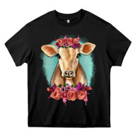 Black Floral Cow Heavy Core Tee - RanaPortraitStore