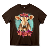 Chocolate Brown Floral Cow Heavy Core Tee - RanaPortraitStore