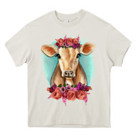 Cream Floral Cow Heavy Core Tee - RanaPortraitStore