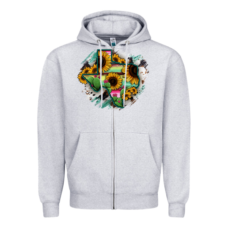 Texas Map Sunflower Cactus Serape Zipper Hoodie by RanaPortraitStore | Teevron