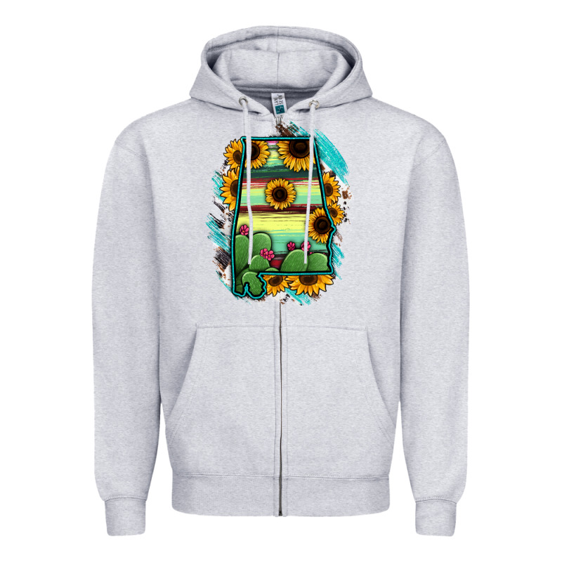 Alabama Map Sunflower Cactus Serape Zipper Hoodie by RanaPortraitStore | Teevron