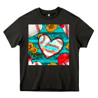 Asphalt baseball hearts and sunflowers with turquoise gemstone seamless patter Heavy Core Tee - BundleAndBundleShop