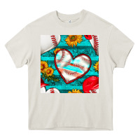 Cream baseball hearts and sunflowers with turquoise gemstone seamless patter Heavy Core Tee - BundleAndBundleShop