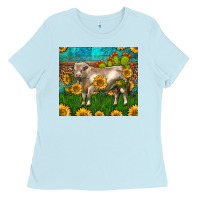 Baby Blue Western Charolais Bull With Sunflowers Ladies Tee - LillyAllenDesigns