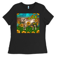Black Western Charolais Bull With Sunflowers Ladies Tee - LillyAllenDesigns