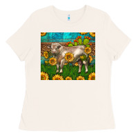 Bone Western Charolais Bull With Sunflowers Ladies Tee - LillyAllenDesigns
