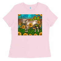 Bubblegum Pink Western Charolais Bull With Sunflowers Ladies Tee - LillyAllenDesigns