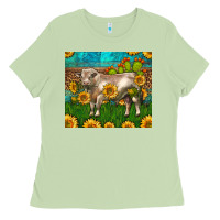 Matcha Western Charolais Bull With Sunflowers Ladies Tee - LillyAllenDesigns
