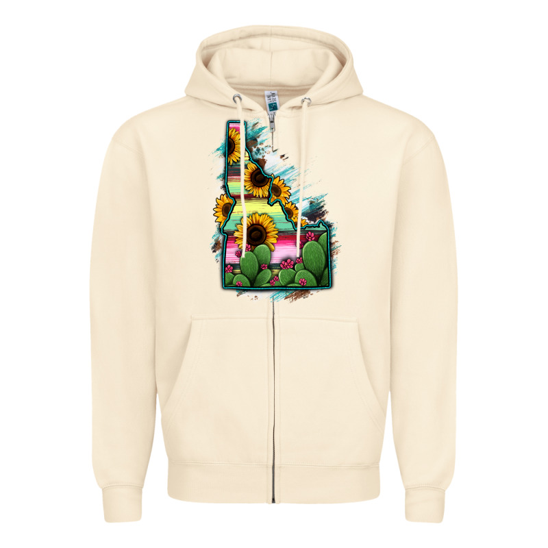 Idaho Map Sunflower Cactus Serape Zipper Hoodie by RanaPortraitStore | Teevron
