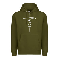 Army Green grace   christian faith cross script baptism gift Premium Hoodie - DesigneFamous