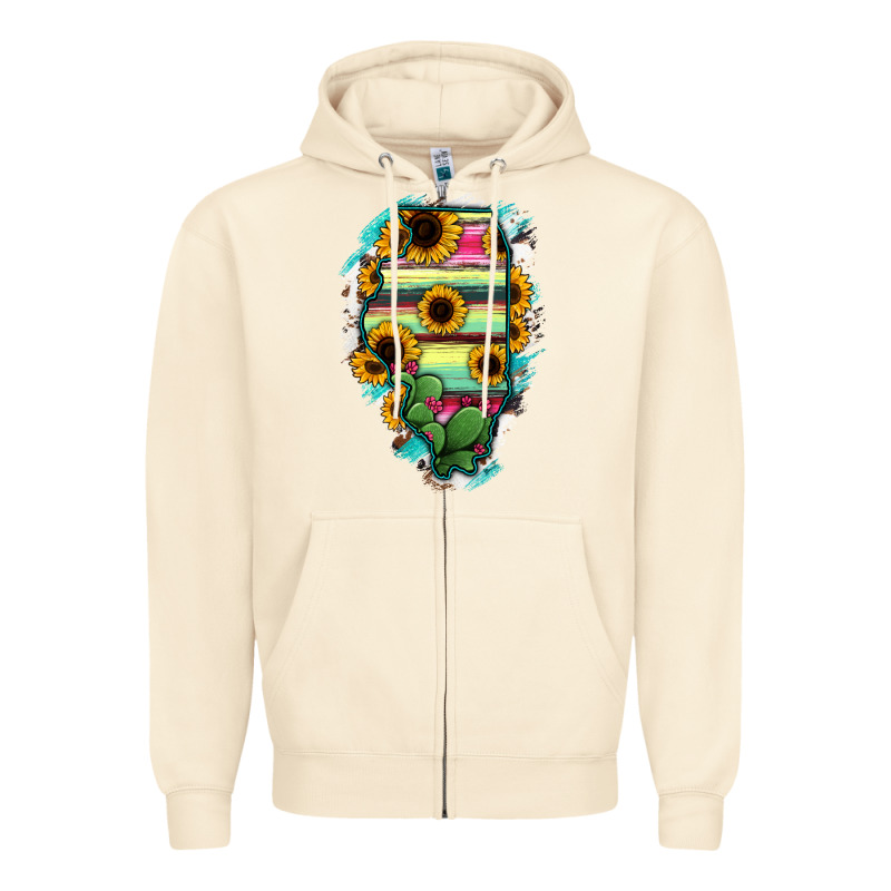 Illinois Map Sunflower Cactus Serape Zipper Hoodie by RanaPortraitStore | Teevron