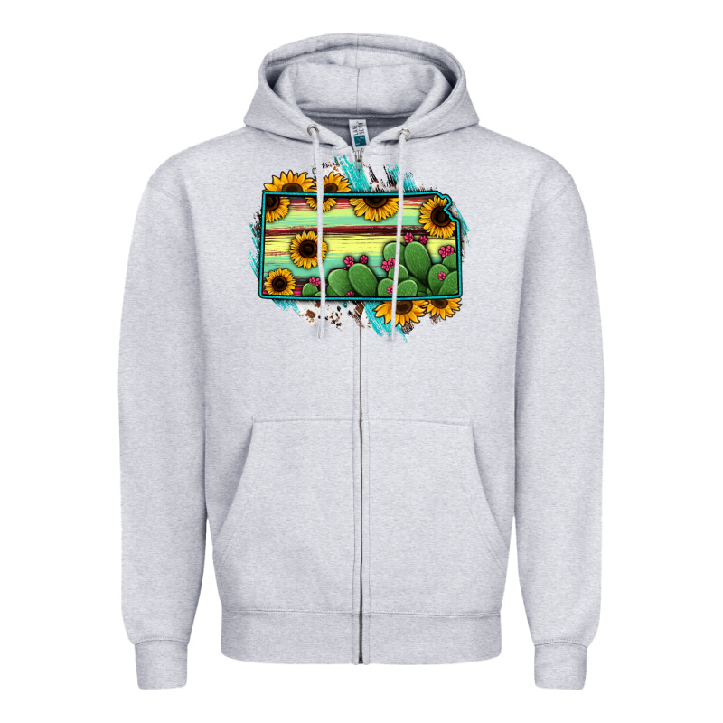 Kansas Map Sunflower Catus Serape Zipper Hoodie by RanaPortraitStore | Teevron
