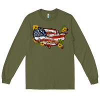 Army Green usa map with sunflower and cactus Long Sleeve Tee - Artiststas