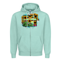 Seafoam Wyoming Map Sunflower Cactus Serape Zipper Hoodie - RanaPortraitStore