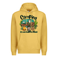 Antique Gold camping is my happy place caravan and gnome Premium Hoodie - BarkalooDesign