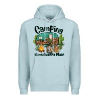 Blue Mist camping is my happy place caravan and gnome Premium Hoodie - BarkalooDesign